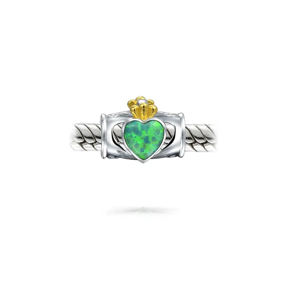 Green Created Opal Couples Bff Heart Crown Irish Claddagh Charm Bead For Women For Teen Two Tone .925 Sterling Silver Fits European Bracelet