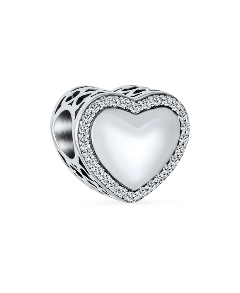 Bling Jewelry Valentine Crystal Accent Edge Love Heart Shape Charm Bead Oxidized Sterling Silver Fits European Bracelet