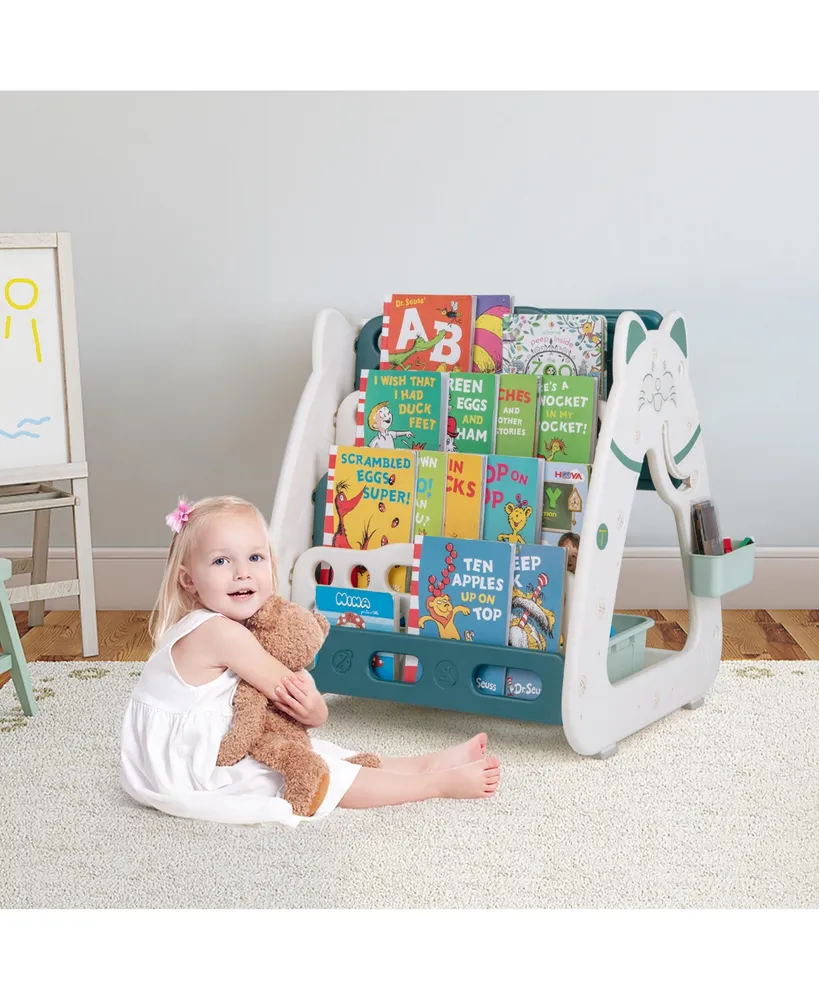 3-In-1 Kids Art Easel with Stool Magnetic Dry-Erase Board with Book Rack