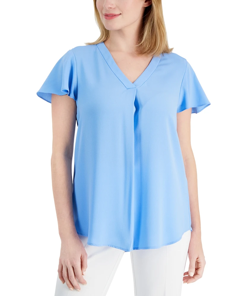 Ak Anne Klein Petite Pleat-Front Flutter-Sleeve Top