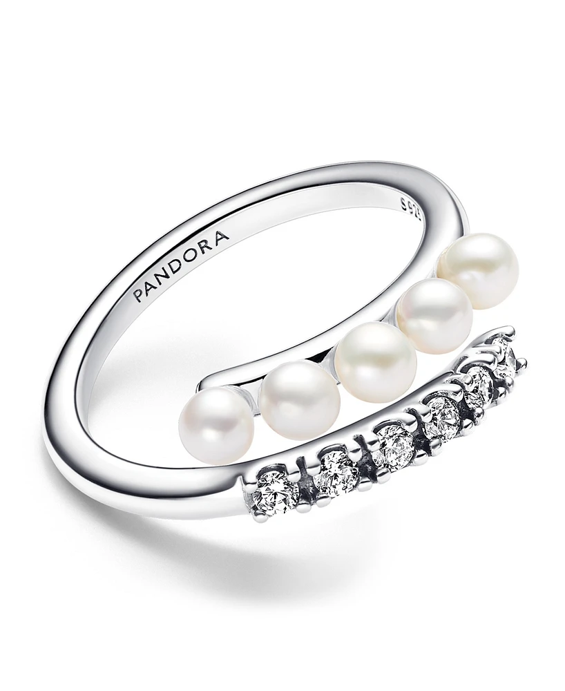 Pandora Sterling Silver Timeless Treated Freshwater Cultured Pearls Pave Open Ring