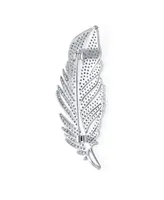 Bling Jewelry Classic Elegant Style Large Micro Pave Cz Fan Feather Leaf Brooch Pin Pendant 2 in 1 For Women Rhodium Brass