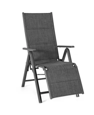 Aluminum Frame Adjustable Outdoor Foldable Reclining Padded Chair-Gray