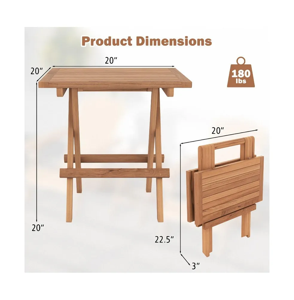 Square Patio Folding Table Teak Wood with Slatted Tabletop Portable for Picnic