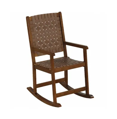 Patio Wood Rocking Chair with Pu Seat and Rubber Wood Frame-Brown