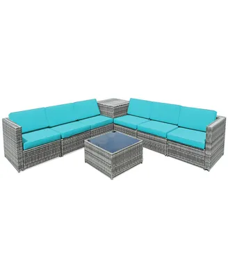 8 Piece Wicker Sofa Rattan Dinning Set Patio Furniture with Storage Table-Turquoise