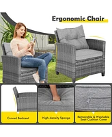 3 Pieces Outdoor Wicker Conversation Set with Tempered Glass Tabletop-Gray
