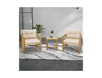 3 Pieces Patio Pe Wicker Conversation Set with Acacia Wood Frame and Cushions