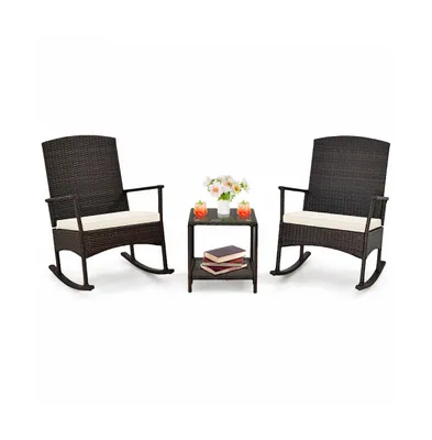 3 Piece Patio Rocking Set Wicker Rocking Chairs with 2-Tier Coffee Table-Off White