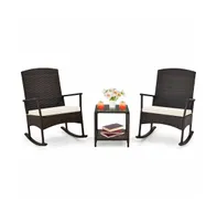 Sugift 3 Piece Patio Rocking Set Wicker Rocking Chairs with 2-Tier Coffee Table