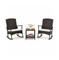 3 Piece Patio Rocking Set Wicker Rocking Chairs with 2-Tier Coffee Table-Off White