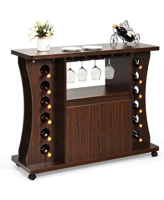 Sugift Rolling Wine Storage Buffet Sideboard Wooden Bar Storage Cabinet