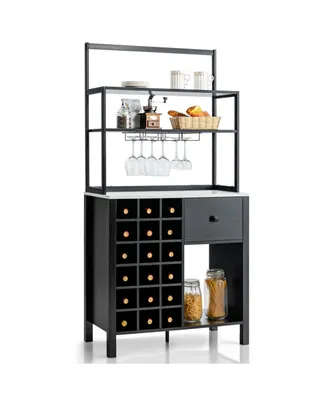 Kitchen Bakers Rack Freestanding Wine Rack Table with Glass Holder and Drawer-Black