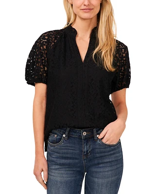 CeCe Women's Floral Lace Puff Sleeve Split Neck Top