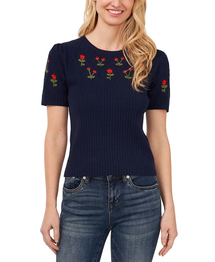 CeCe Women's Crewneck Flower Embroidered Short Sleeve Cotton Sweater