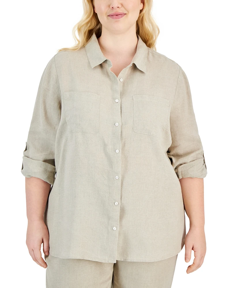 Charter Club Plus 100% Linen Roll-Tab Shirt, Created for Macy's