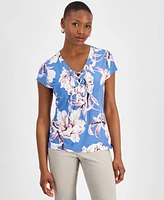 I.n.c. International Concepts Petite Floral-Print Lace-Up-Neck Top, Created for Macy's