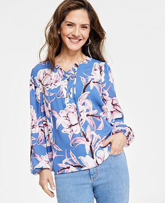 I.n.c. International Concepts Petite Printed Lace-Up Blouse, Created for Macy's