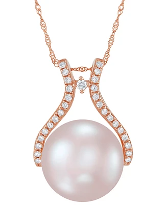Honora Cultured Natural Ming Pearl (14mm) & Diamond (1/5 ct. t.w.) 18" Pendant Necklace 14k Rose Gold (Also White Pearl)