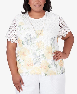 Alfred Dunner Plus Charleston Short Sleeve Floral Lace Top with Detachable Necklace