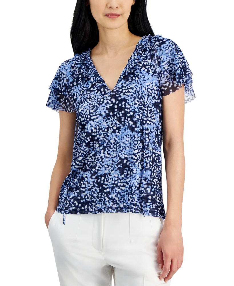 Anne Klein Women's Printed Mesh Flutter-Sleeve Top