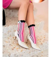 Sock Candy Women's Parisian Stripe Ruffle Bow Sheer Sock