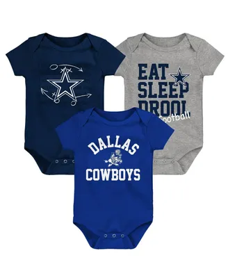 Baby Boys and Girls Navy, Royal, Heather Gray Dallas Cowboys Three-Pack Eat, Sleep and Drool Retro Bodysuit Set