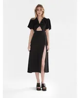 Nana'S Women's A-line summer midi dress with high slit, puffed sleeves and pleated front