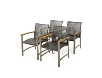 Set of 4 Patio Rattan Dining Chairs with Acacia Wood Armrests