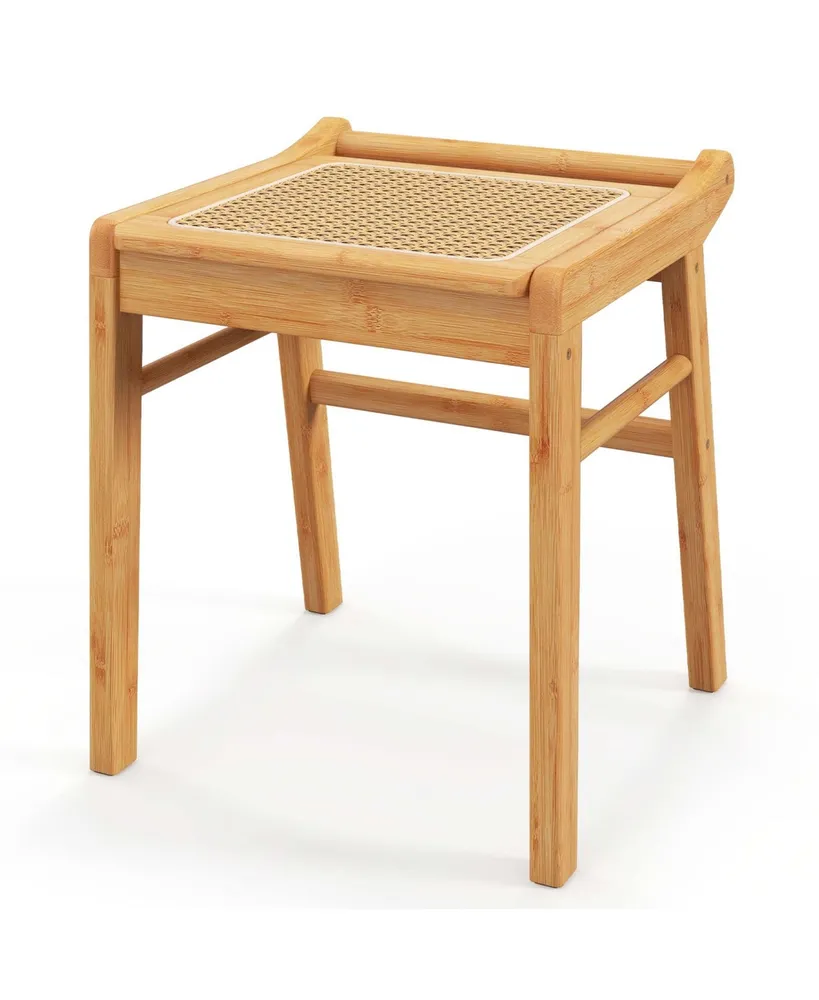 Bamboo Vanity Stool Rattan Top Ottoman Footrest for Living Room Bedroom