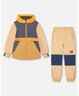 Boy Two Piece Hooded Coat And Pant Mid-Season Set Color block Beige, Grey And Orange - Toddler|Child