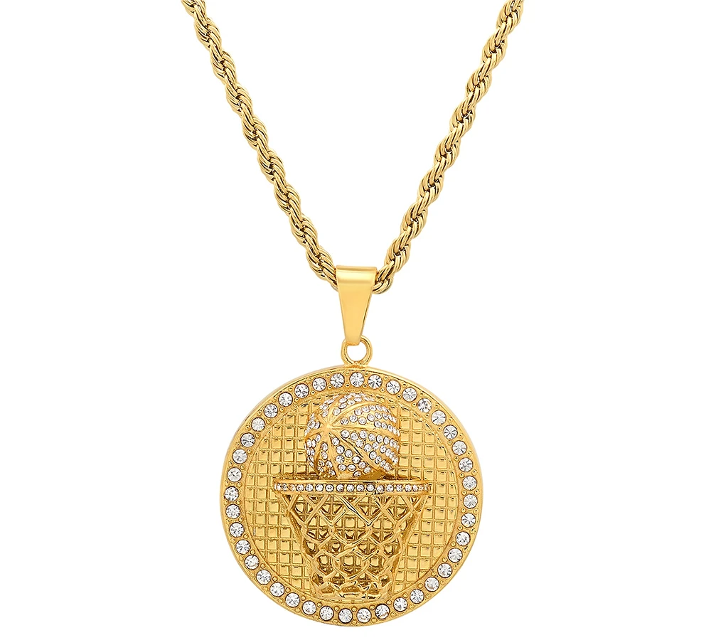 Steeltime Men's 18k Gold-Plated Stainless Steel Simulated Diamond Basketball 24" Pendant Necklace