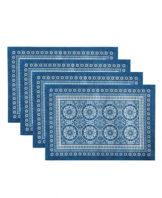 Vietri Medallion Blue Block Print Stain Water Resistant Indoor and Outdoor Placemats, Set of 4, 13" x 19"