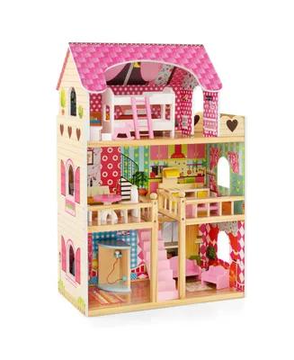 Doll House Playset with 3 Stories and 6 Simulated Rooms and 15 Pieces of Furniture