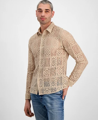 Guess Men's Long Sleeve Craft Crochet Shirt