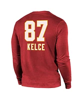 Men's Majestic Threads Travis Kelce Red Kansas City Chiefs Super Bowl Lviii Name and Number Tri-Blend Long Sleeve T-shirt