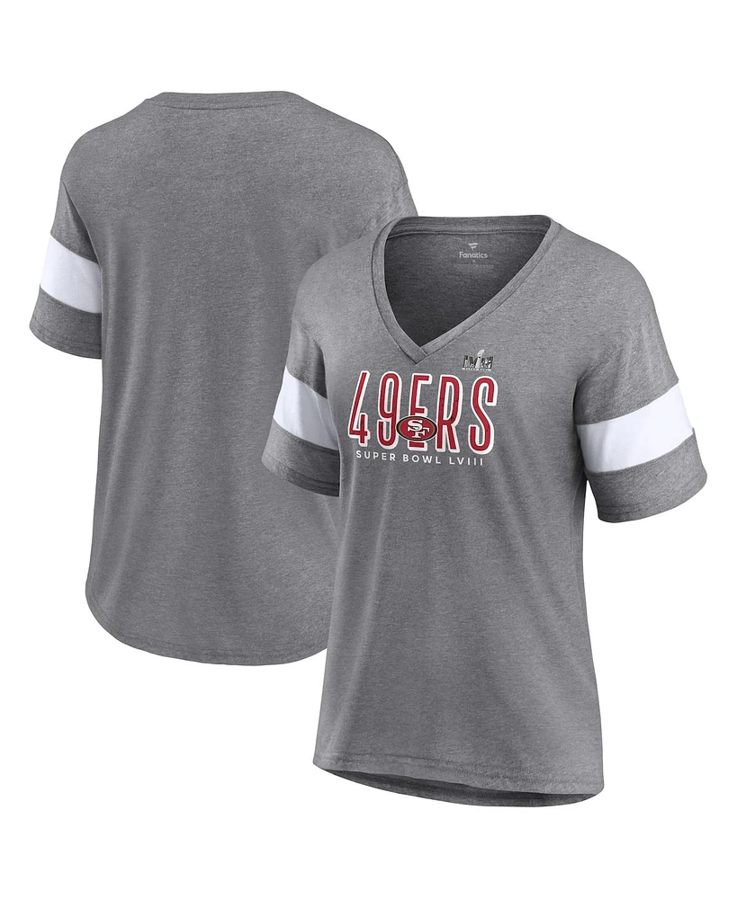 Women's Fanatics Heather Gray San Francisco 49ers Super Bowl Lviii Cheer Section Tri-Blend V-Neck Fashion T-shirt