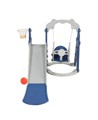 Simplie Fun Kids Swing And Slide Set 3-In-1 Slide With Basketball Hoop For Indoor And Outdoor Activity Center, Blue+Gray