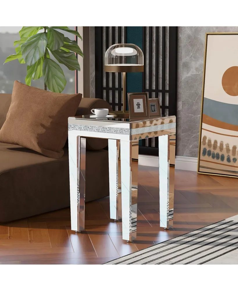 Simplie Fun Crystal Design Mirrored Side Table with Adjustable Height Legs