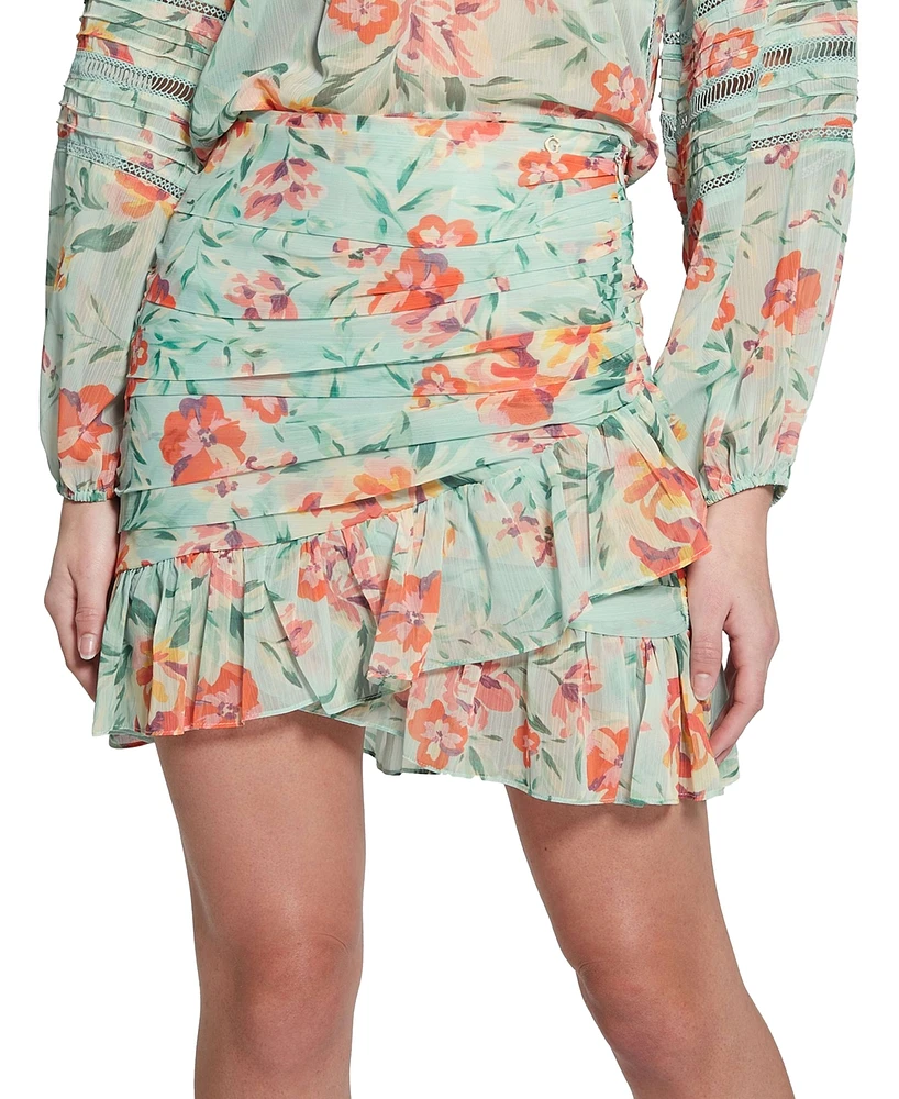 Guess Women's Vanessa Floral Ruched Ruffled Mini Skirt