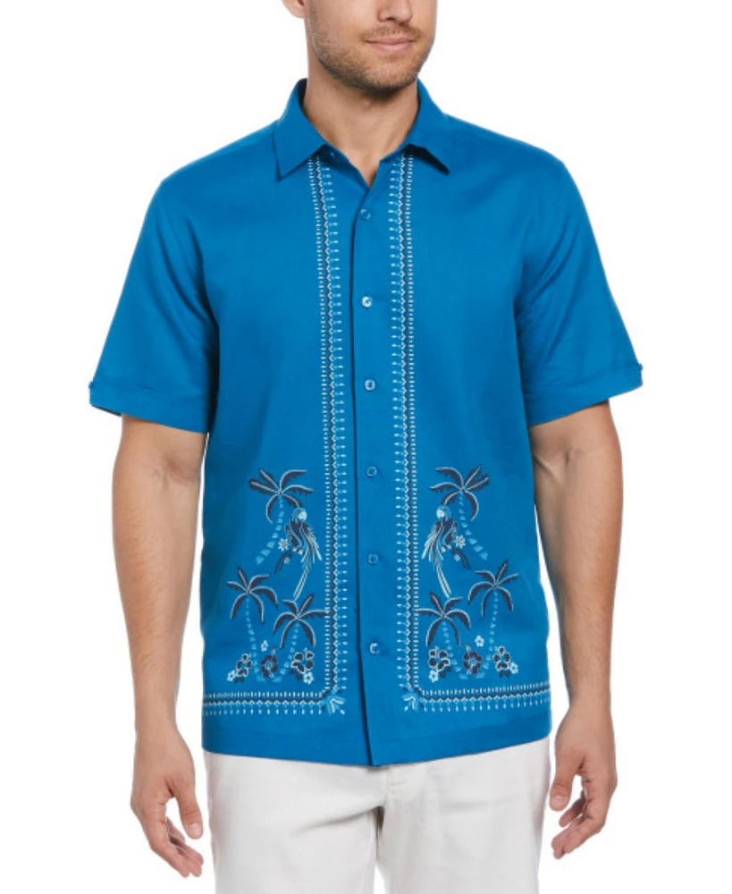 Cubavera Men's Short Sleeve L-Shaped Tropical Print Linen Blend Button-Front Shirt