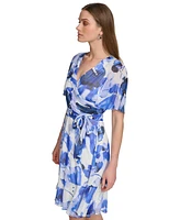 Dkny Petite Printed Flutter-Sleeve Tie-Waist Fit & Flare Chiffon Dress