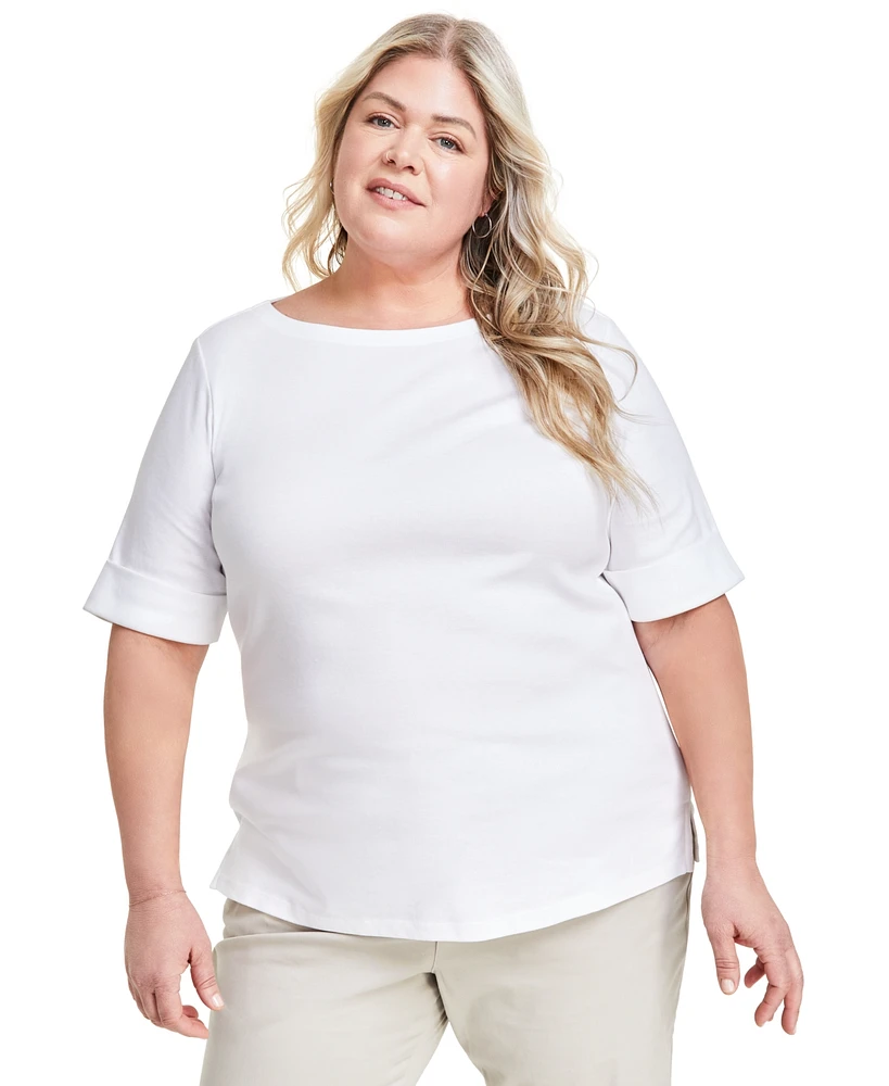 Style & Co Plus Boat-Neck Elbow Sleeve Cotton Top, Exclusively at Macy's