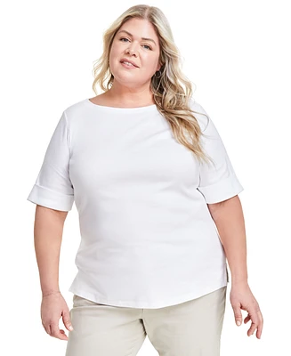 Style & Co Plus Boat-Neck Elbow Sleeve Cotton Top, Exclusively at Macy's