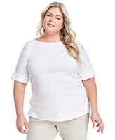 Style & Co Plus Boat-Neck Elbow Sleeve Cotton Top, Exclusively at Macy's