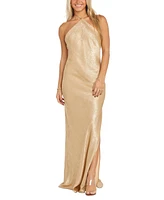 Morgan & Company Juniors' Metallic Halter Side-Slit Gown