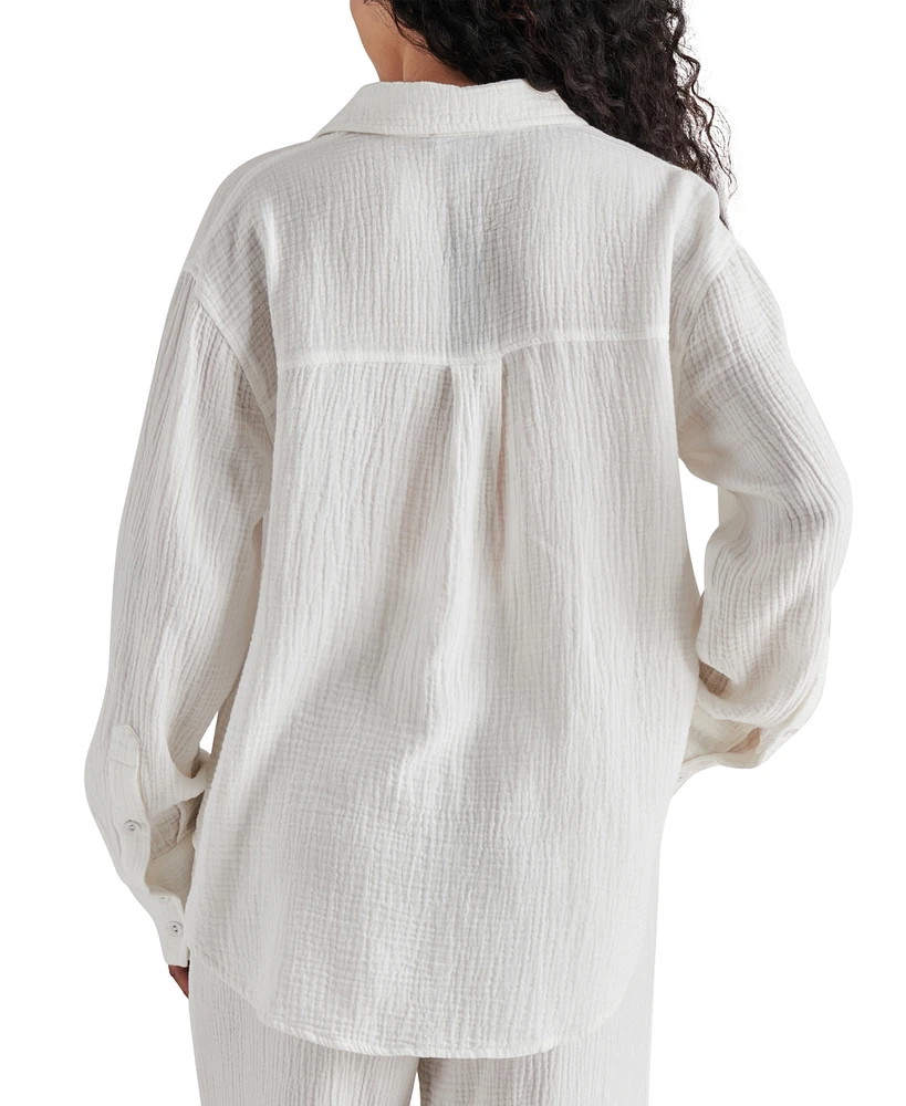 Steve Madden Women's Juna Textured Button-Down Dropped-Shoulder Cotton Top