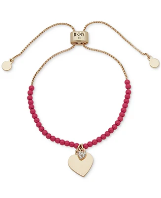 Dkny Gold-Tone Pave Heart Charm Beaded Slider Bracelet