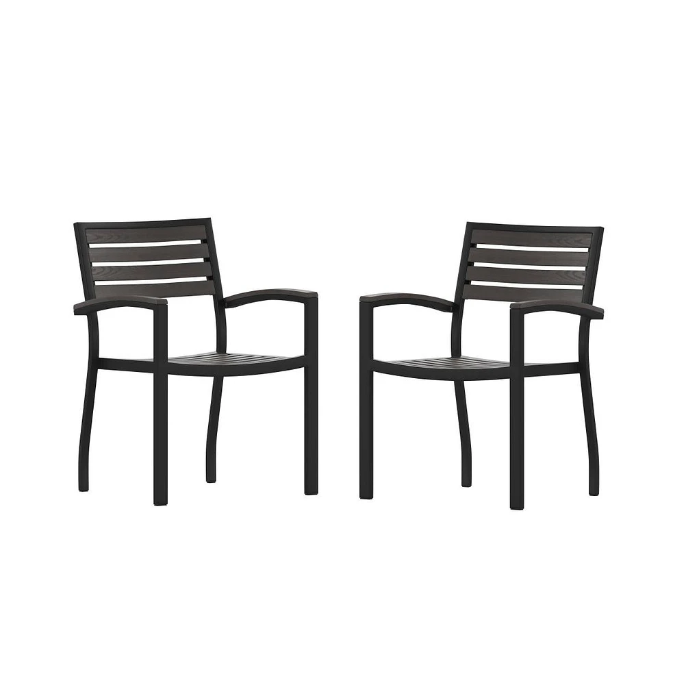 Set Of Two Aluminum Stacking Chairs With Faux Teak Slatted Back And Seat Accented Arms