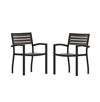 Set Of Two Aluminum Stacking Chairs With Faux Teak Slatted Back And Seat Accented Arms